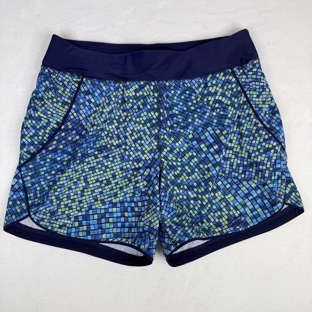 Lands' End Swim Shorts Womens 6 Blue Geometric Lined Elastic Waist Stretch